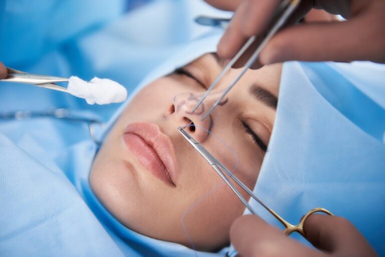 A close-up view captures a woman's face resting on an operating table, while a skilled doctor stands nearby, poised with surgical instruments, prepared to perform a nose lift procedure.